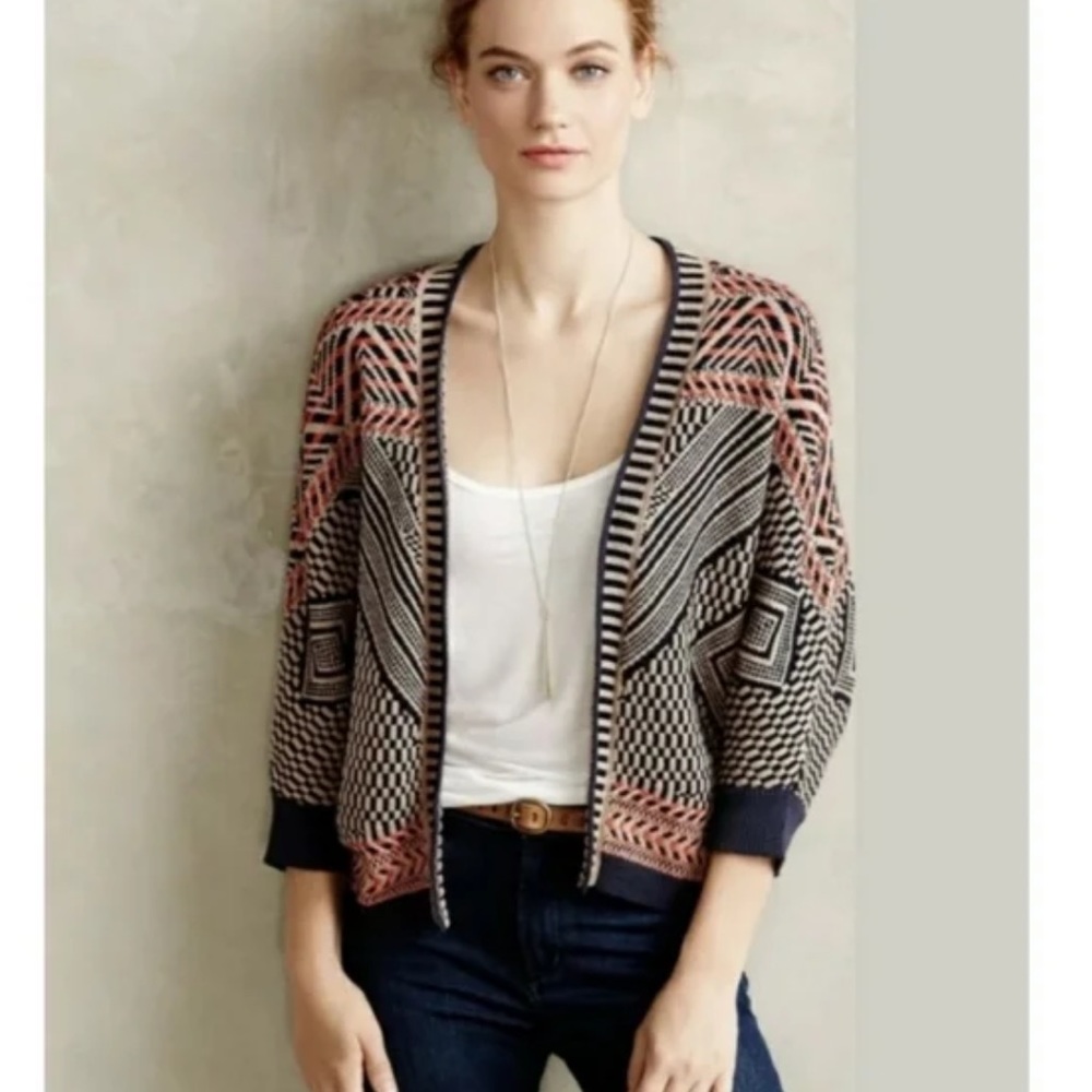Anthropologie Moth Jacquard Geometric Open Front Cardigan, Small, Cotton